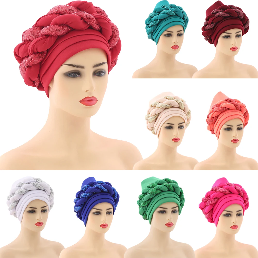 Lastest African Aso Oke Chemo Cap Hijab Hat Auto Gele Headtie Turban Head Wrap Bonnet Sequins Braids Already Made Wedding Party