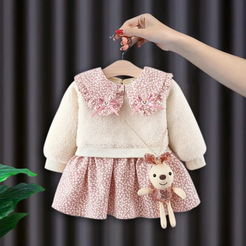 Winter girl\'s baby clothes dress for newborn 1st birthday lamb wool velvet thick warm floral dresses girls\' baby clothing dress