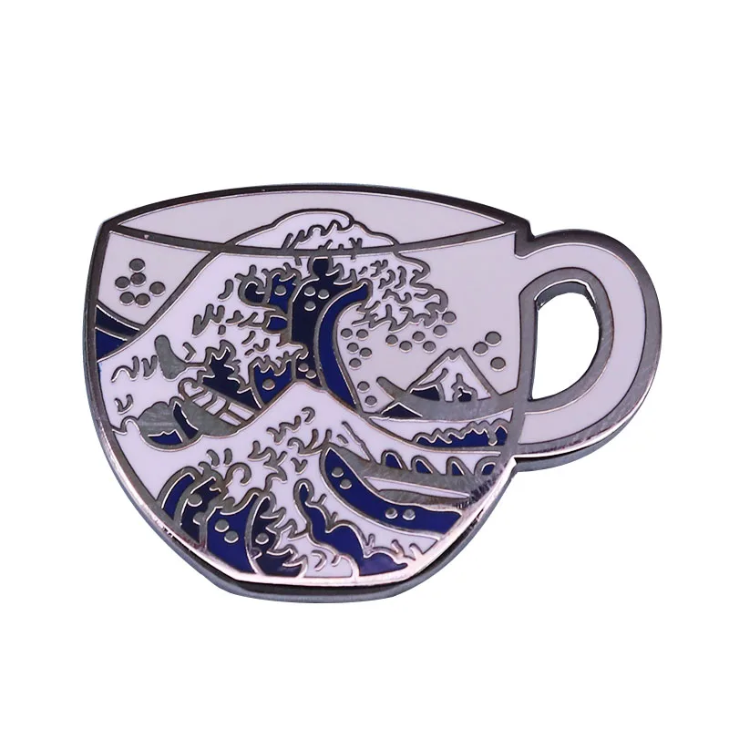 The Great Wave of Tea Cup Brooch katsushika hokusai Badge Japanese Culture Enamel Pin Gift