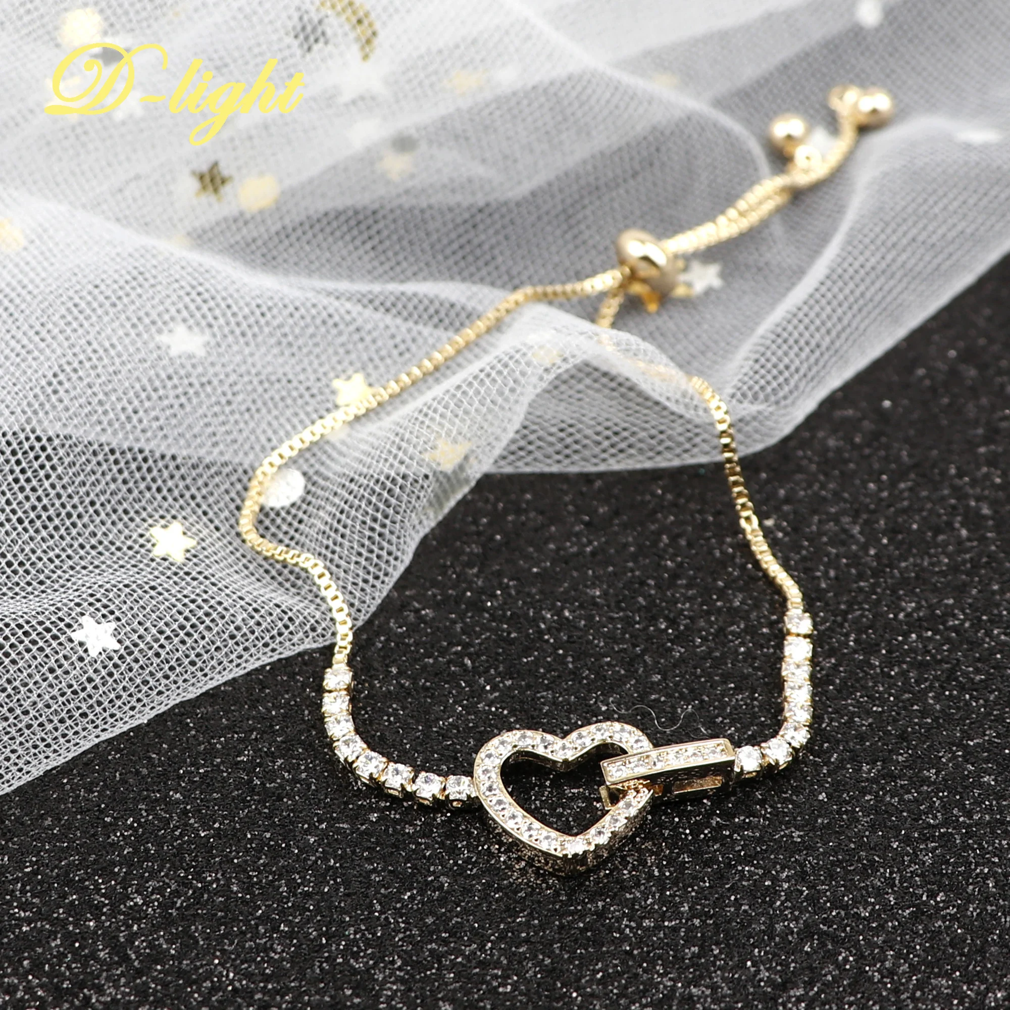 Hot Hollow Love Zircon Bracelet Can Be Pulled To Adjust Temperament Lovely Sweet Design Simple Fashion Lovers Girlfriends Gift.