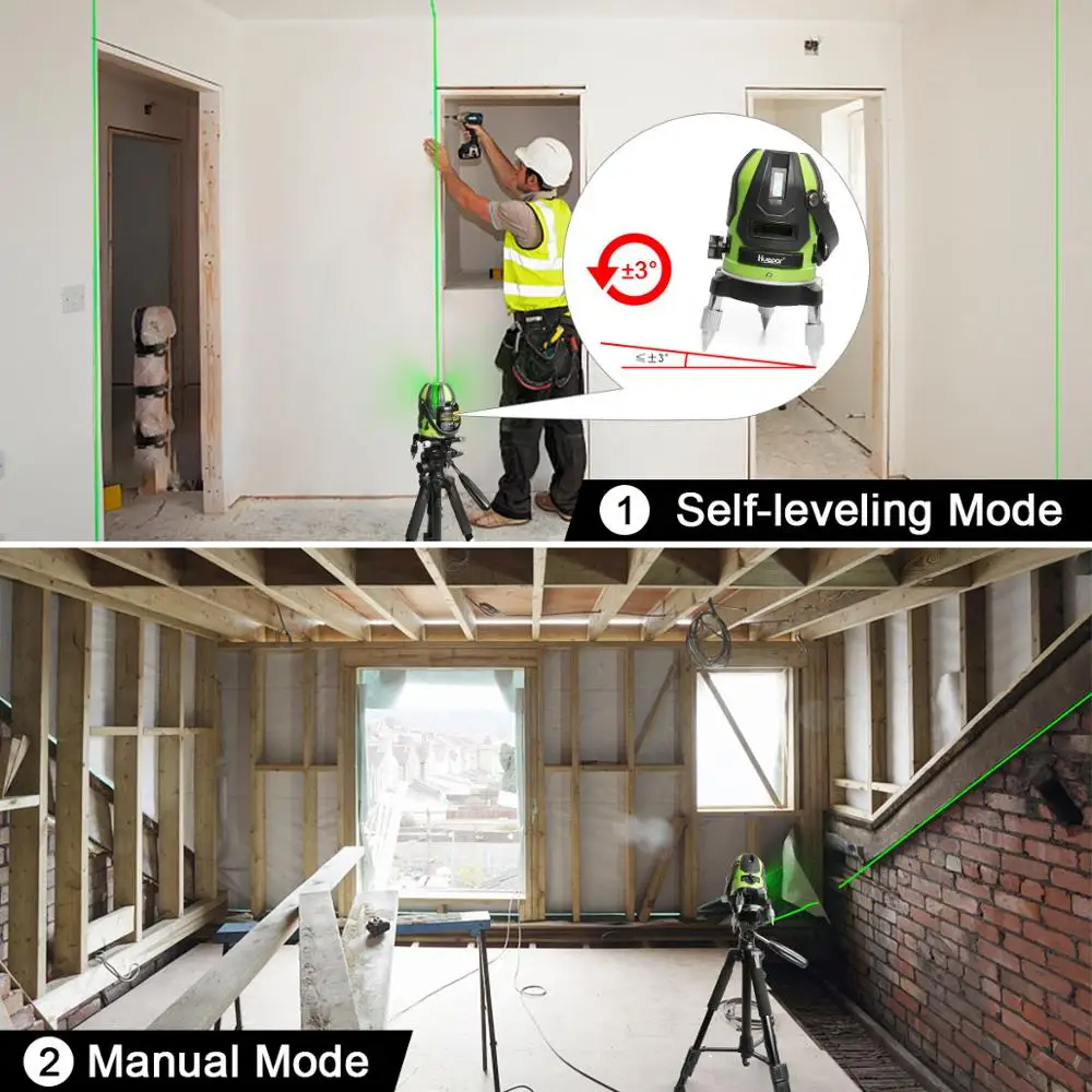 Huepar Green Beam Multi - Line Laser Level -Four Verticals and One Horizontal Line with Down Plumb Dot Self-leveling Laser Tool