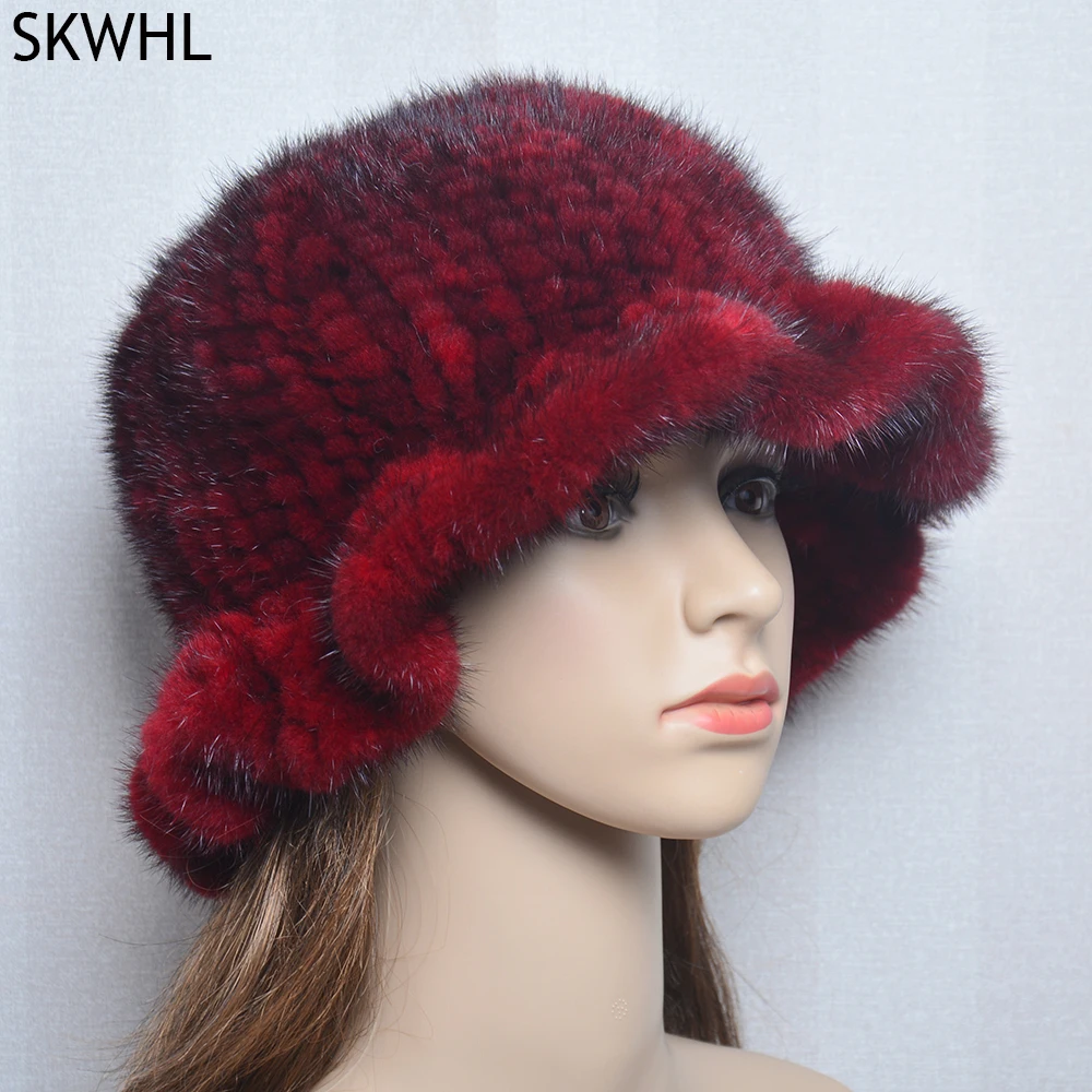 

Women's Hat 2024 New Winter Real Mink Fur Hat Casual Luxury Flower Knitted Bucket Hat Pots Cap Lady Natural Mink Fur Cap Beanies