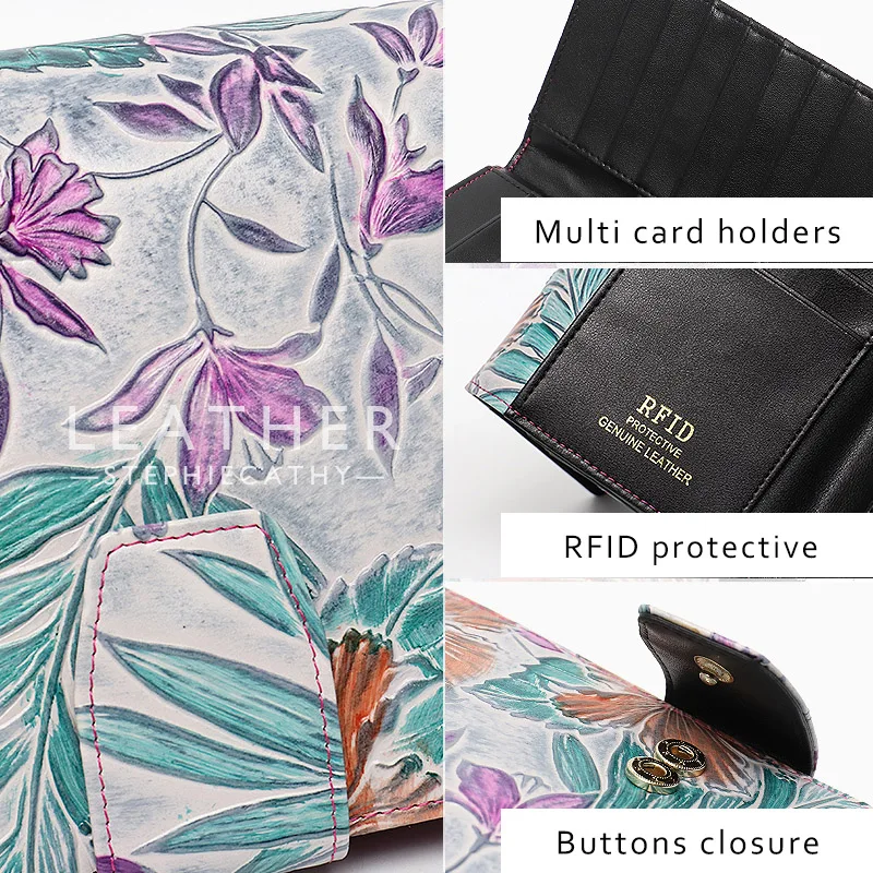 SC Women Genuine Leather Wallet RFID Blocking Multi Card Holders Coin Purse Stylish Flower Pattern Clutch Bag Ladies Long Wallet