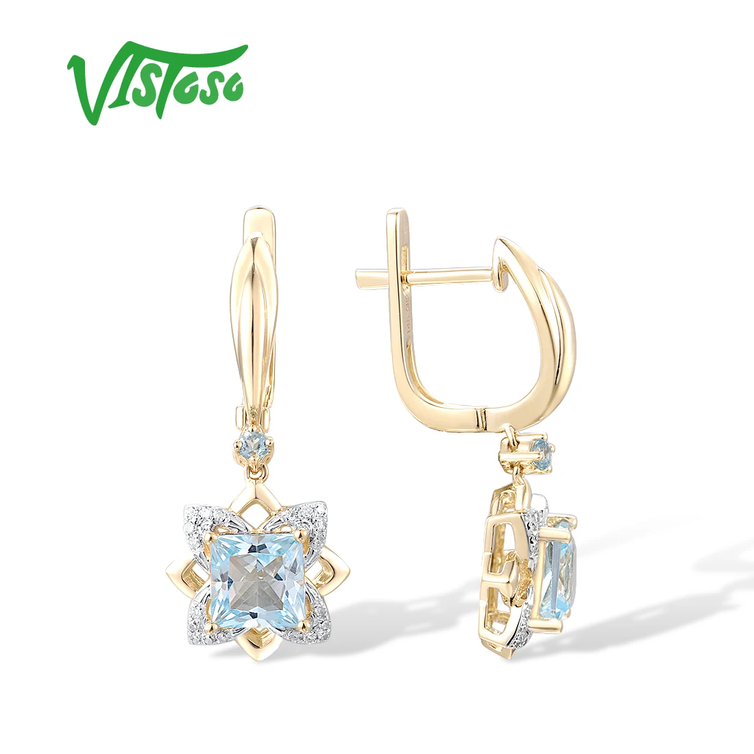 VISTOSO Gold Earrings For Women Pure 14K 585 Yellow Gold Sparkling Square Blue Topaz Diamond Earrings Gorgeous Fine Jewelry