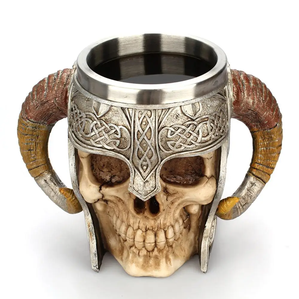 Stainless Steel Skull Mug Viking Drinking Cup Skeleton Resin Beer Stein Tankard Coffee Mug Tea Cup Halloween Bar Drinkware Gift