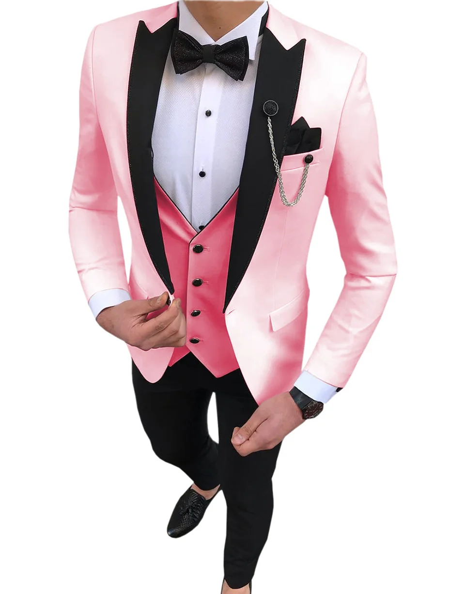 Men Suits 3 Pieces Slim Fit Leisure Groomsmen White Ivory Lapel Business Tuxedos for Formal Wedding(Blazer+Pants+Vest)