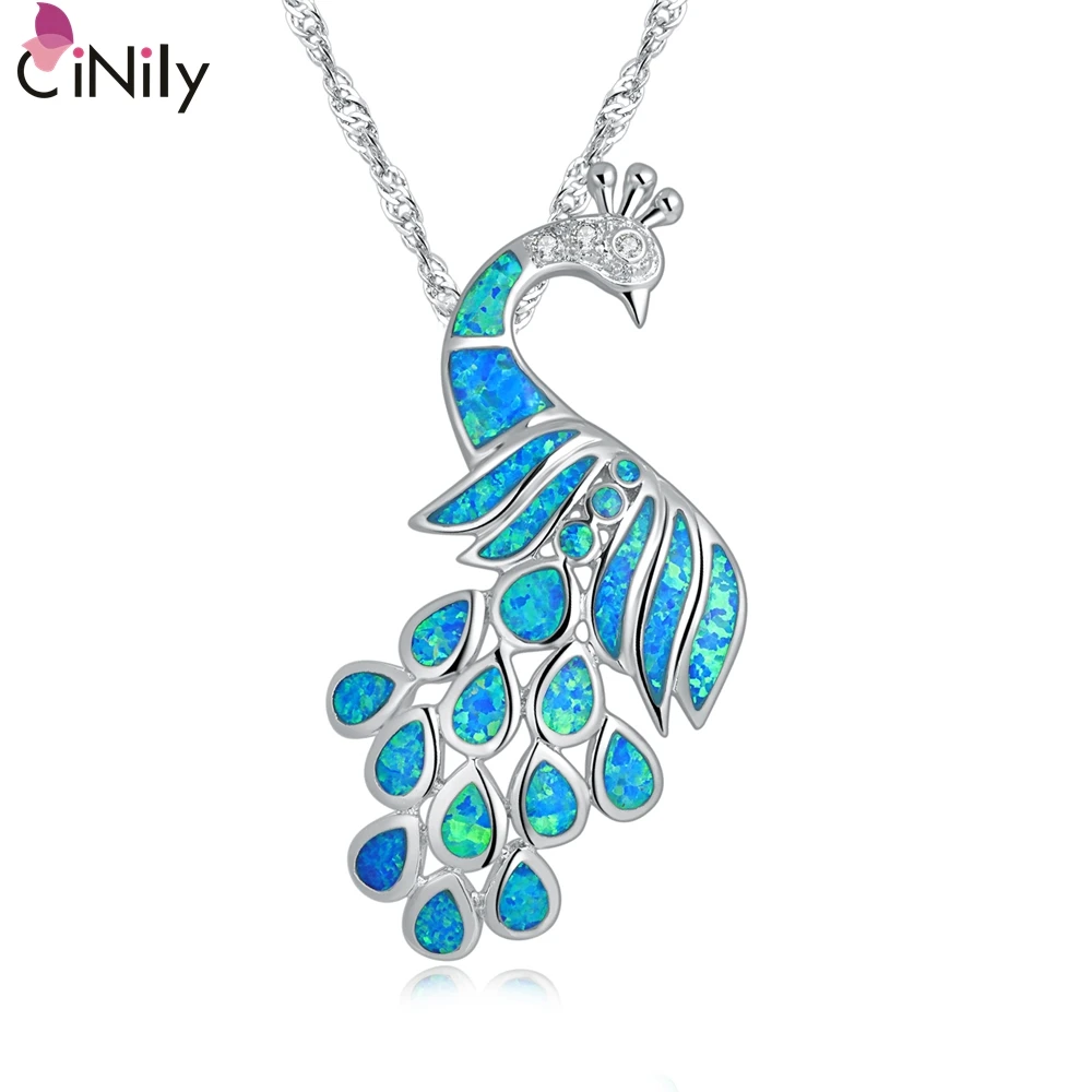 CiNily Created Blue Fire Opal Cubic Zirconia Silver Plated Wholesale Peacock for Women Jewelry  Pendant 2 1/8\