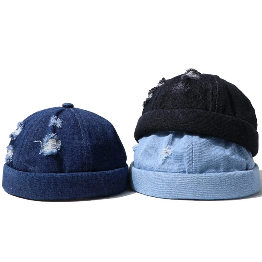 Retro Style Contrast Denim Docker Cap Distressed Rolled Cuff Brimless Skull Cap