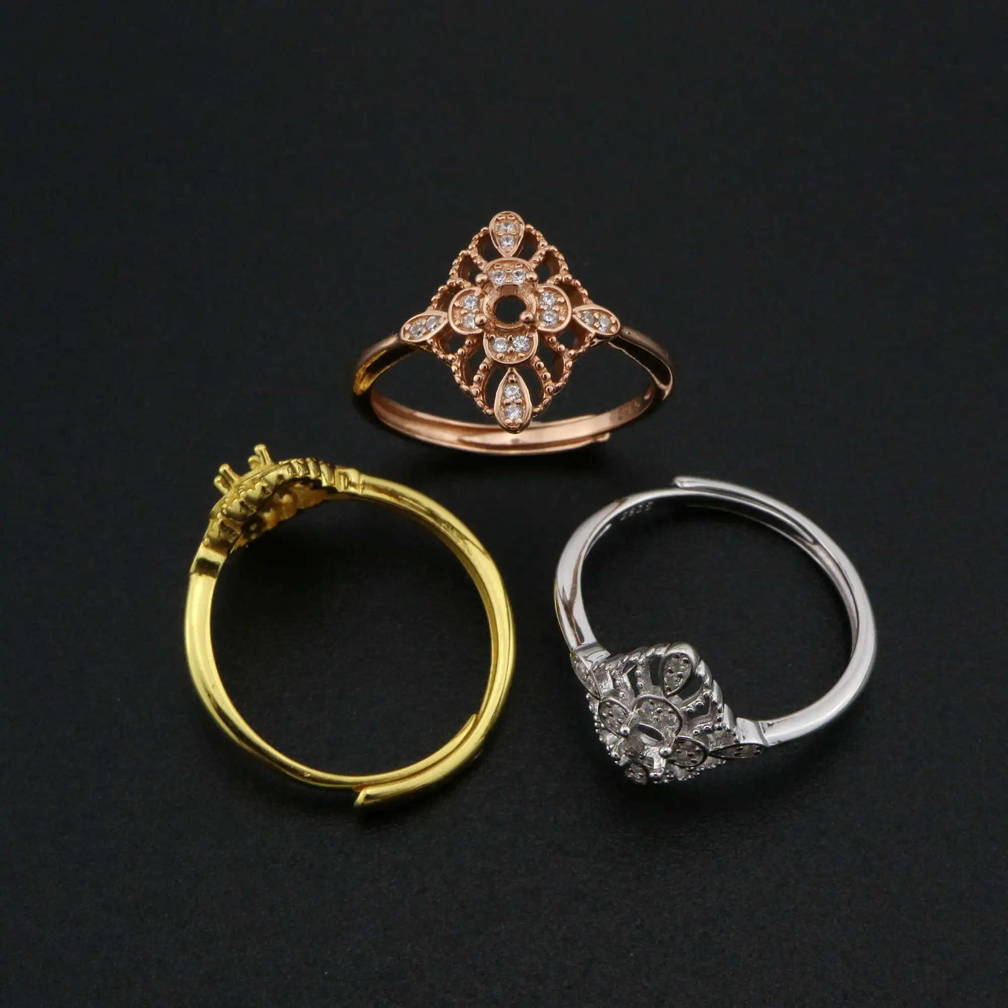 3MM Round Prong Ring Settings  Vintage Style Solid 925 Sterling Silver Rose Gold Plated DIY Set Size Adjustable Ring 1210098 image 4