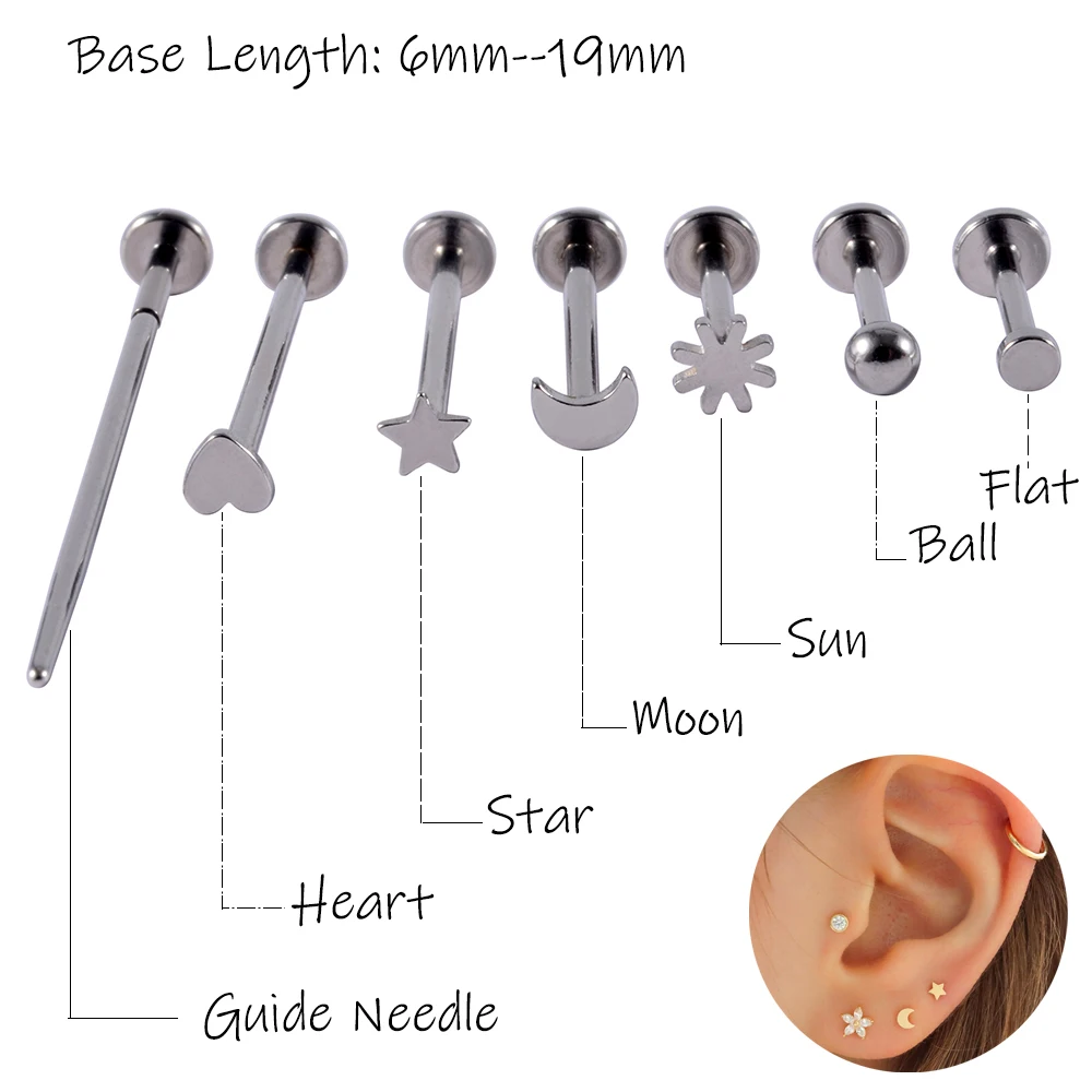 1PC 316L Surgical Steel Heart Ball Moon Labrets Stud Ring Ear Tragus Cartilage Ball Cheek Piercing Body Piercing Jewelry