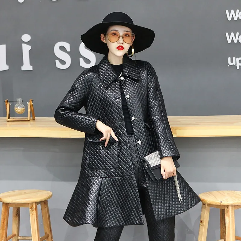 Women Real Sheepskin Long Coat Sweet Ruffle Solid Color Loose A-Line Plaid Jacket Genuine Leather Windbreakers OL Elegant Jacket