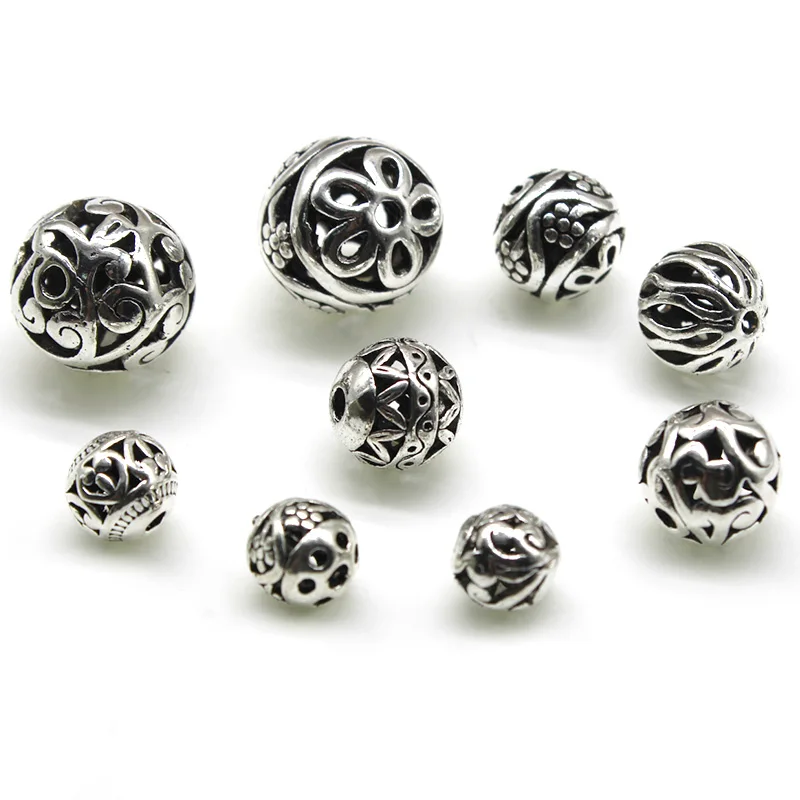 10pcs/lot 8 10 14 mm Tibetan Silver Round Metal Beads Hollow Out Handcraft Prayer Spacer Beads Fit DIY Jewelry Bracelets Making