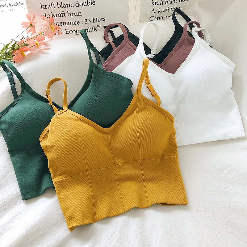 Pearl Diary Women Cotton Rib Camis Crop Top Adjustable Straps Solid Bra With Cup Summer Hawaiian Beach Detachable Sexy Bra Top