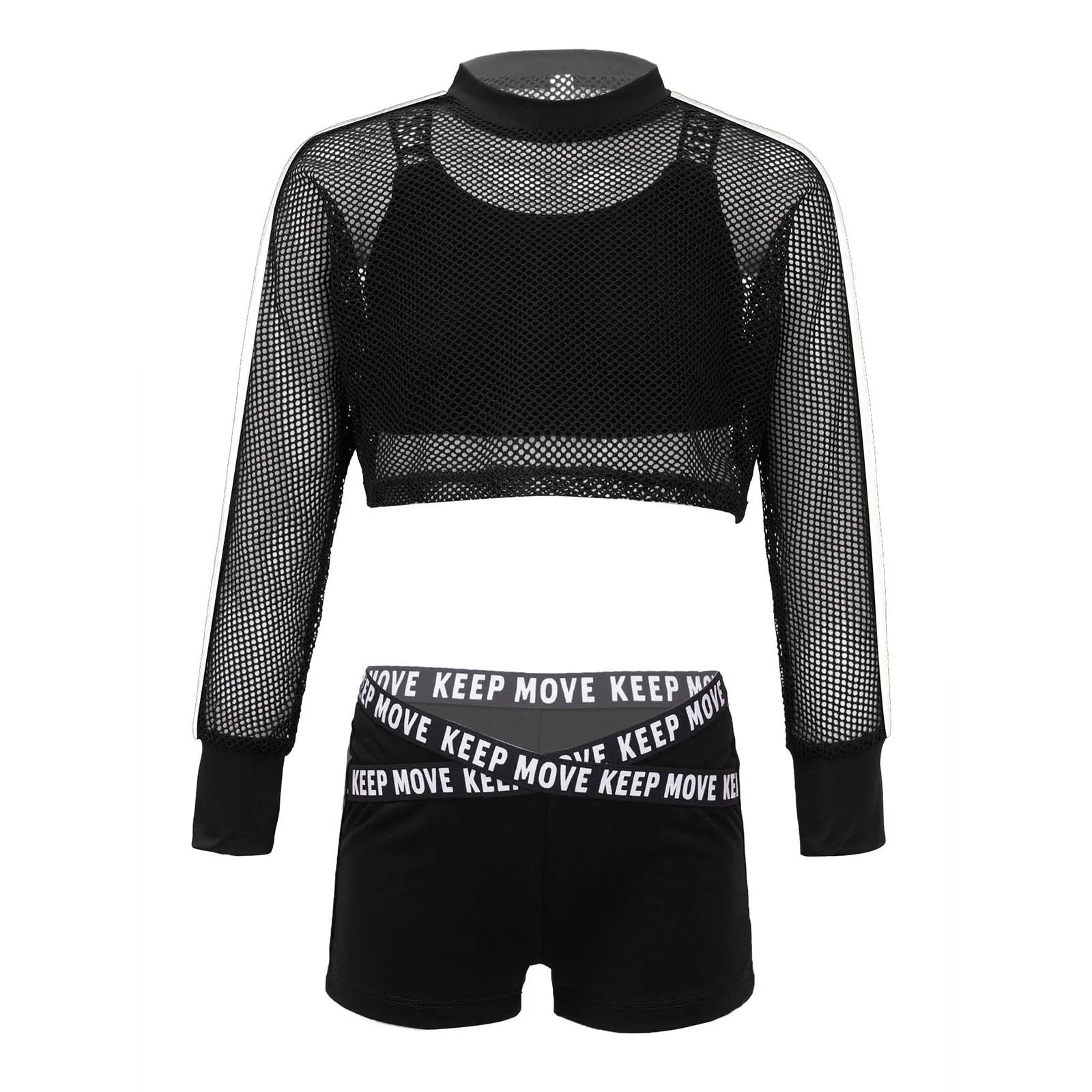 Kids Girls 3Pcs Kids Girls Hip Hop Casual Sport Outfit Long Sleeve Sheer Net Sweatshirt Crop Tank Tops and Shorts Tracksuit Set