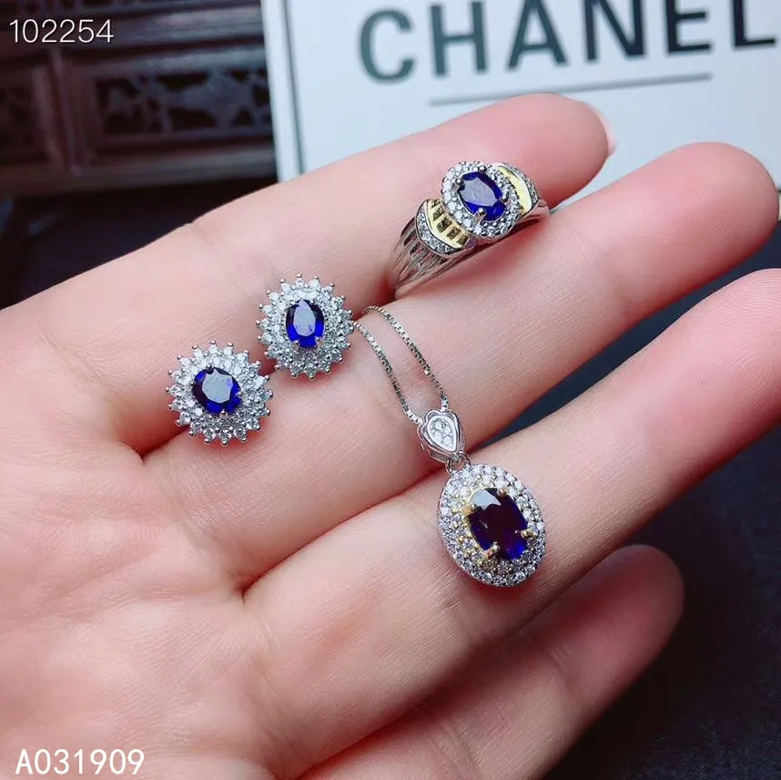 

KJJEAXCMY boutique jewelry 925 sterling silver inlaid Natural sapphire Necklace Ring Earring Set Support detection luxurious