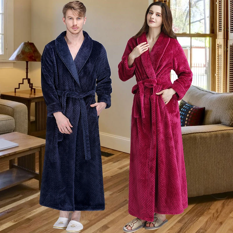 Men Winter Extra Long Thick Warm Grid Flannel Bathrobe Mens Luxury Kimono Bath Robe Women Sexy Robes Male Thermal Dressing Gown