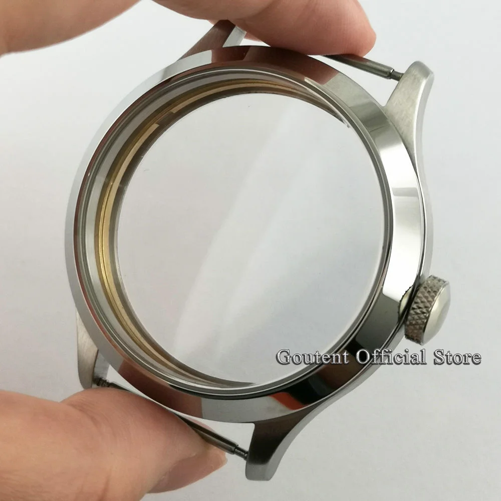 Goutent 45mm silver watch case sterile steel case Fit For ETA 6497,6498 Seagull ST3600 movements watch parts