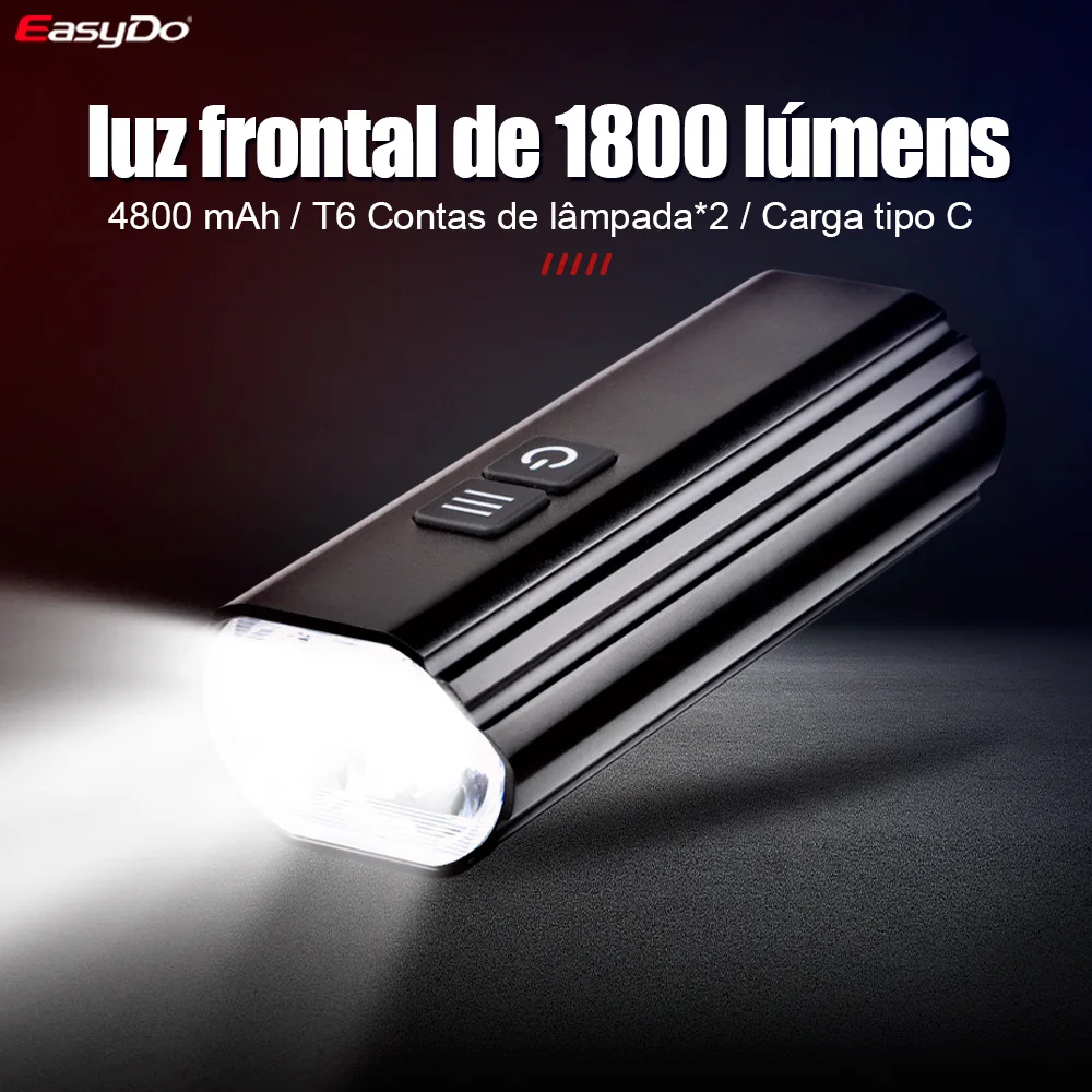 EasyDo-Rainproof LED Bike Light, USB recarregável, MTB Front Lamp, farol de alumínio, lanterna ultraleve, 4800mAh