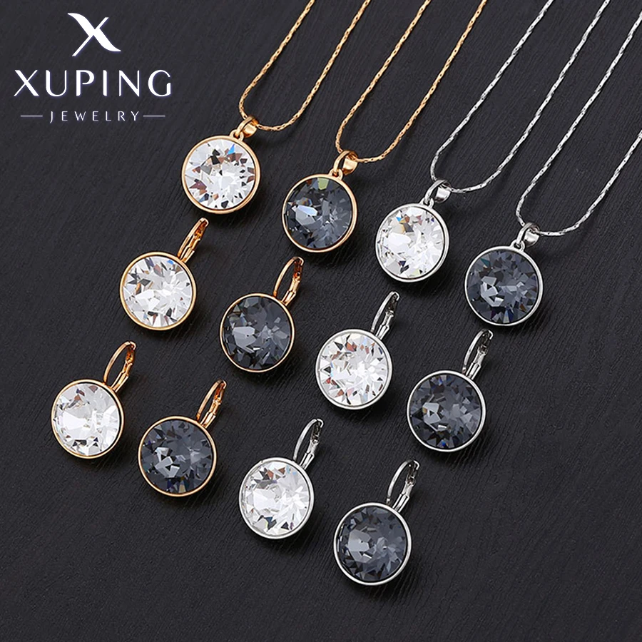 Xuping Jewelry Charm Promotion Crystal Gold Plated Round Stone Shiny Jewellry Set with Necklace and Earring for Women Girl Gift