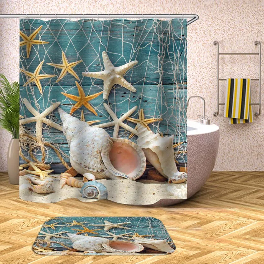 Beach Shell Sea Waterproof Shower Curtain Printed Bath Curtains for Bathroom Bathtub Bathing Cover Extra Large Wide 12pcs Hooks