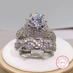 925 Silver Trendy Milangirl White Crystal Round Ring 2 pcs Set For Women Girls Wedding Engagement Party Fashion Jewelry