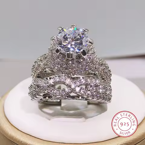 925 Silver Trendy Milangirl White Crystal Round Ring 2 pcs Set For Women Girls Wedding Engagement Party Fashion Jewelry