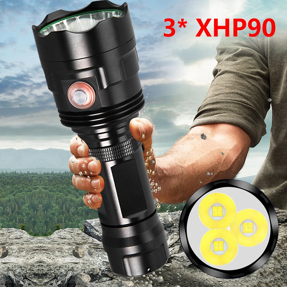 3pcs XHP90 Super Powerful LED Flashlight XHP50 Tactical Torch USB Rechargeable Linterna Waterproof Lamp Ultra Bright Lantern 30W