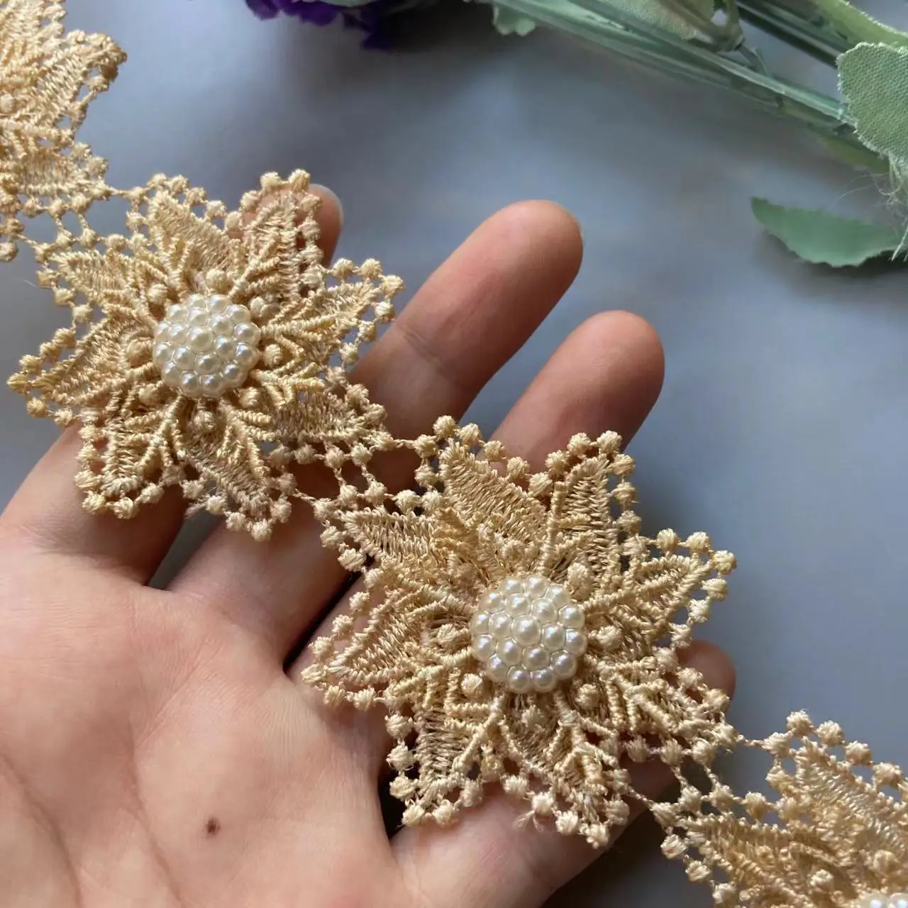 10x Gold Flower Pearl Spin Snowflake Beaded Lace Trim Ribbon Handmade Embroidered Double Layered Applique Dress Sewing Craft