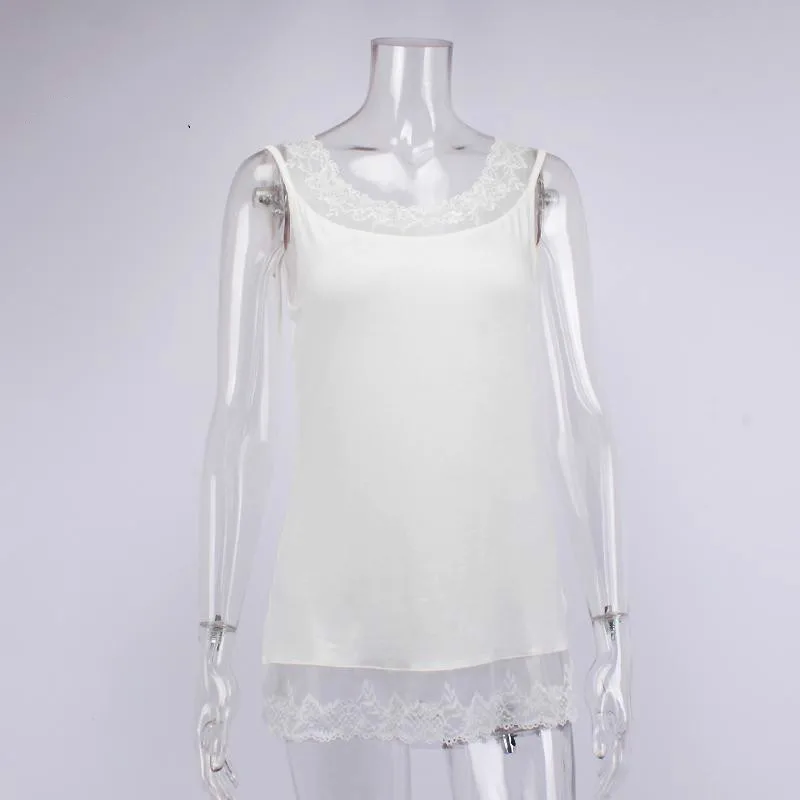 3 Color Summer Sexy Lace Tops Women Large O-Neck Bottoming Cotton Basic Tanks Elastic Top