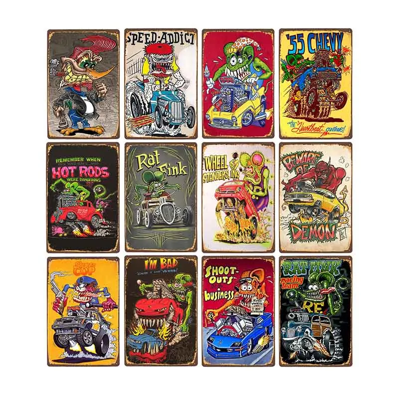 Vintage Rat Fink Metal Sign Car Adaptations Plaque Garage Wall Poster Auto Turning Store Bar Pub Club Decoration 20x30cm