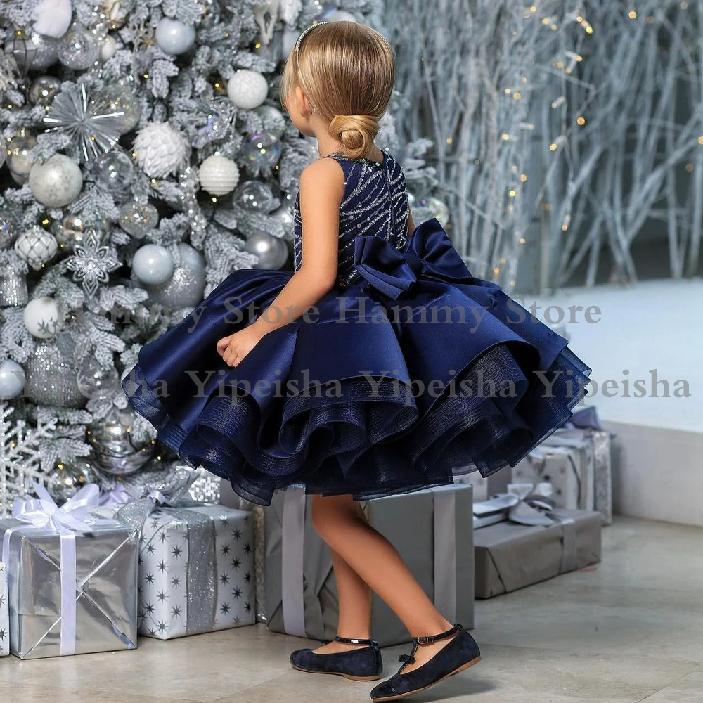 Kids Navy Bloem Meisje Jurk Sparkling Kralen Lovertjes Pageant Jurken Ruches Satijn Kerst Partij Jassen Voor Verjaardag