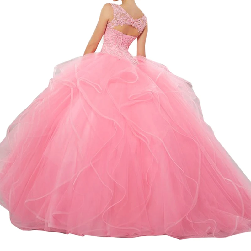 Rosa Prinzessin Spitze Pailletten Mädchen Puffy Süße 16 Quinceanera Kleider Sexy Tiefem V-ausschnitt Ballkleid Prom Kleider mit Layered rüschen