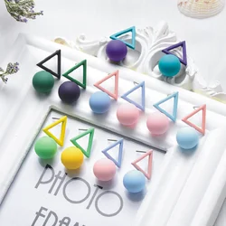 Women Korean Style Earrings Simple Geometric Triangles Round Ball Fashion Stud Earrings Personality Asymmetric Earings Jewelry