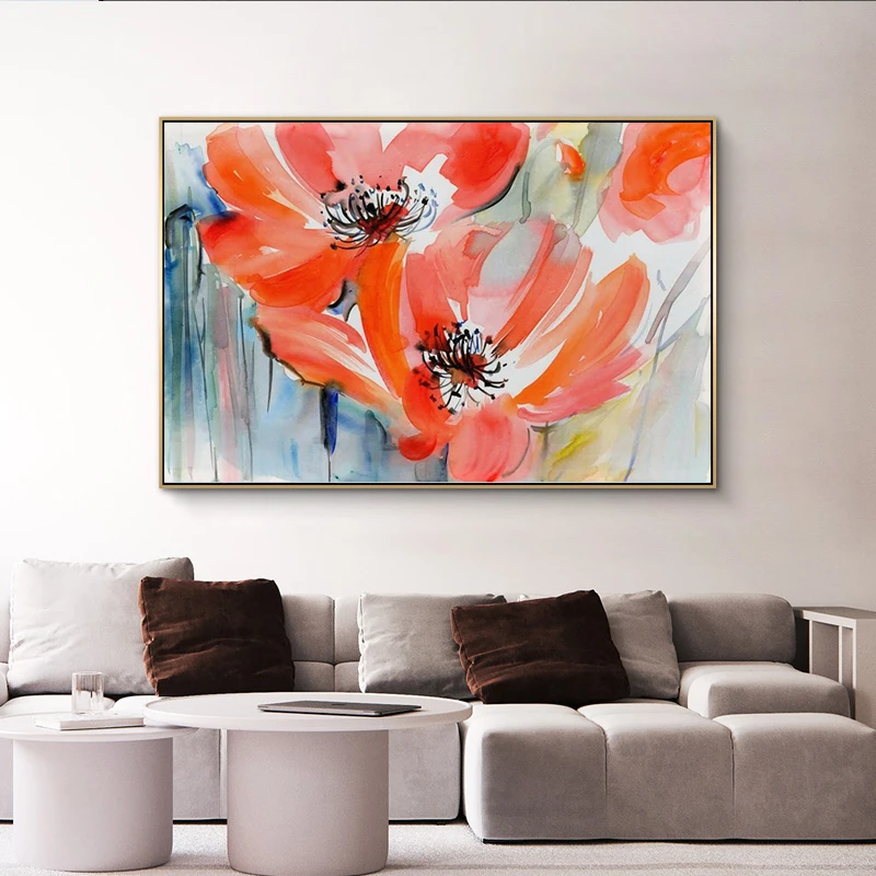 الحديثة الزهور المائية جدار اللوحة رسمت باليد زهور الخشخاش طباعة على قماش جدار صورة لغرفة المعيشة ديكور المنزل هدية