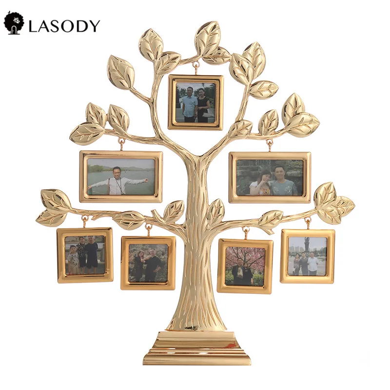 Family Tree Photo Frame with 7 Hanging Photo Frames Gold Metal Desktop Picture Frame Decoration