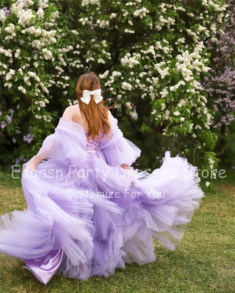 Bafftafe Customized Lavender Long Puffy Sleeves Prom Dresses Korea Off Shoulder Tiered Evening Gowns Corset Women Formal Dress