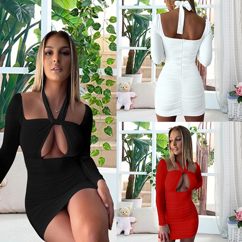 

Wantmove Skirt Autumn 2021 New Fashion Long Sleeve Halter Neck Dresses Corset Sexy Hollow Out Mini Dress High Quality BK659