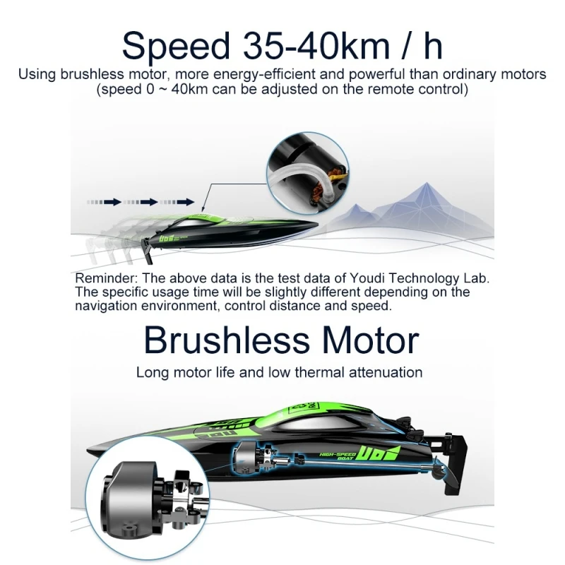 Motor sin escobillas refrigerado por agua, lancha rápida RC, retiro de 40 KM/H, reinicio de tamaño, alarma de adelantamiento, advertencia de baja potencia, barco RC anticolisión