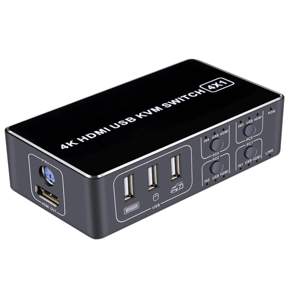 Commutateur KVM 4K professionnel universel stable en alliage d'aluminium, 4 ports USB, pour souris, clavier, hub