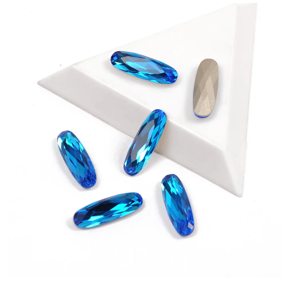 

5x15mm 7x21mm Glass Crystal Capri Blue Color Elongated Baguette Shape Crystal Pointback Rhinestone for 3D Nail Art Decorations