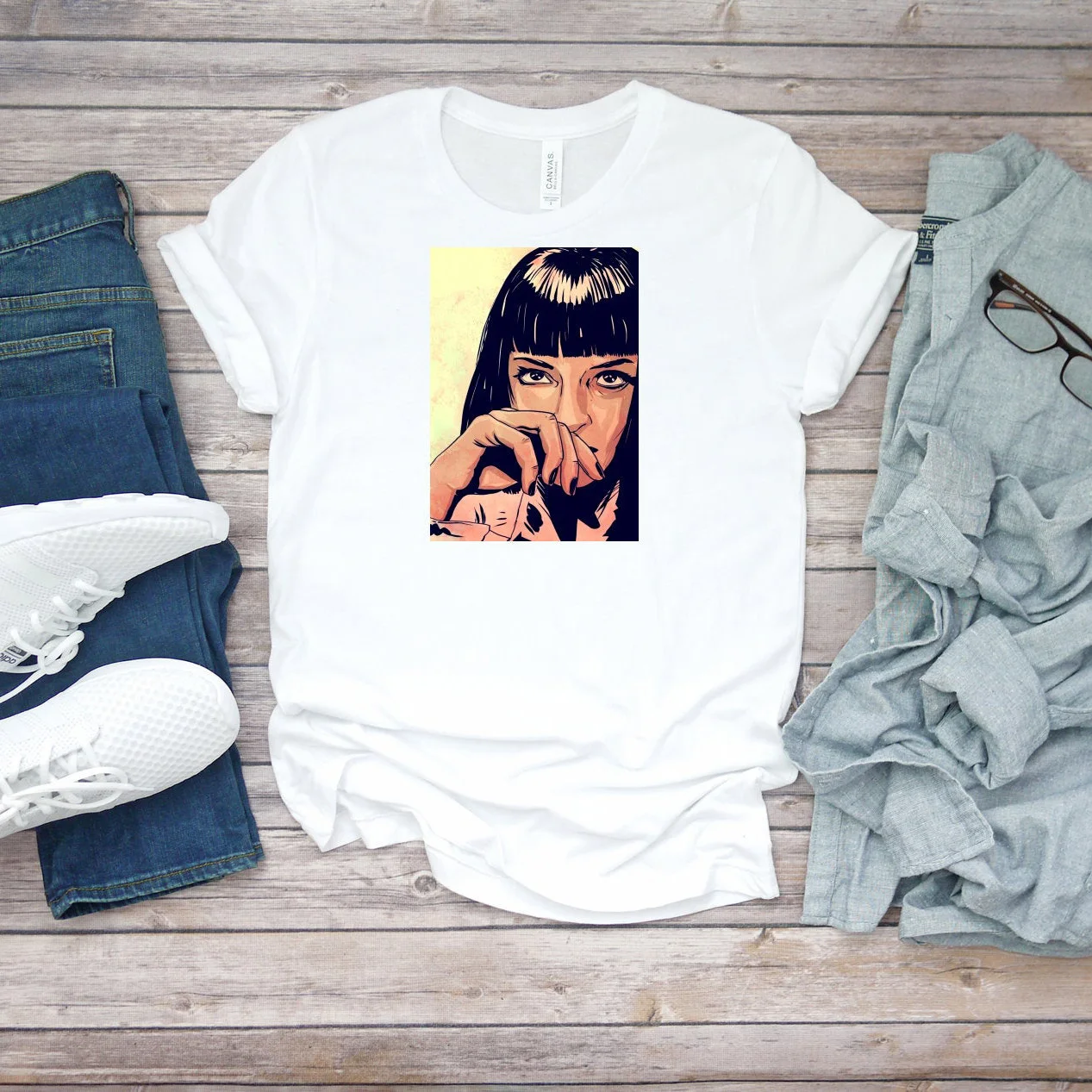 Mia Wallace Pulp Fiction Art Tarantino Print Tops Casual Ladies Basic O-collar Short Sleeved Women T-shirt Girl,Drop Ship