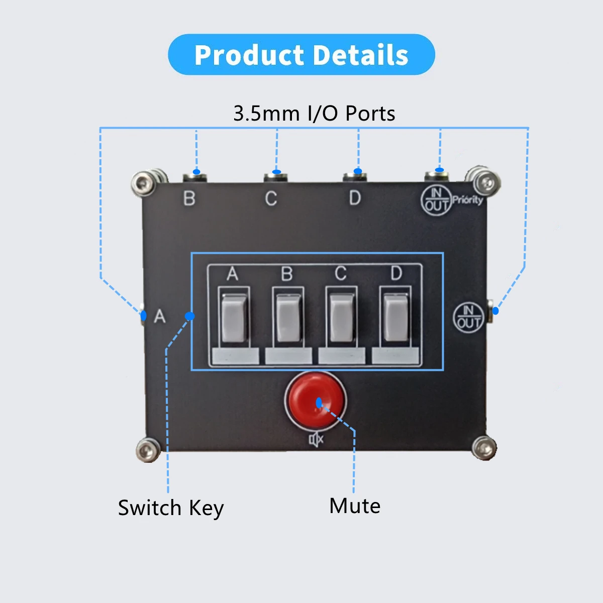 D41) 4-Way Stereo Audio Source Switch 3.5mm AUX 1/8 Switcher Signal input Selector Splitter Box 4(1) IN 1(4) OUT upgrade version