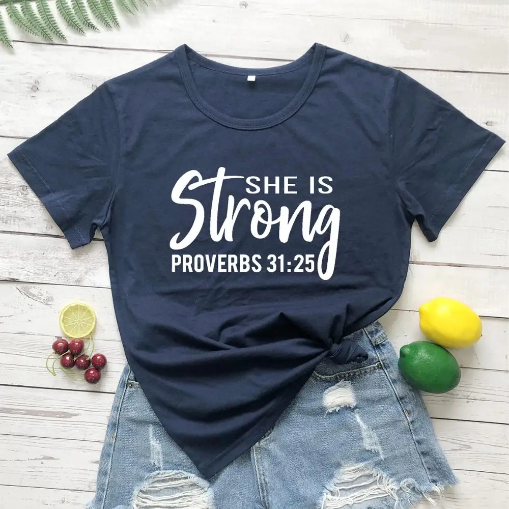 She is Strong Proverbs T-Shirt Casual Funny Stylish 100% Cotton Graphic Tee Hipster Christian Religious Tumblr Tops Jesus tshirt