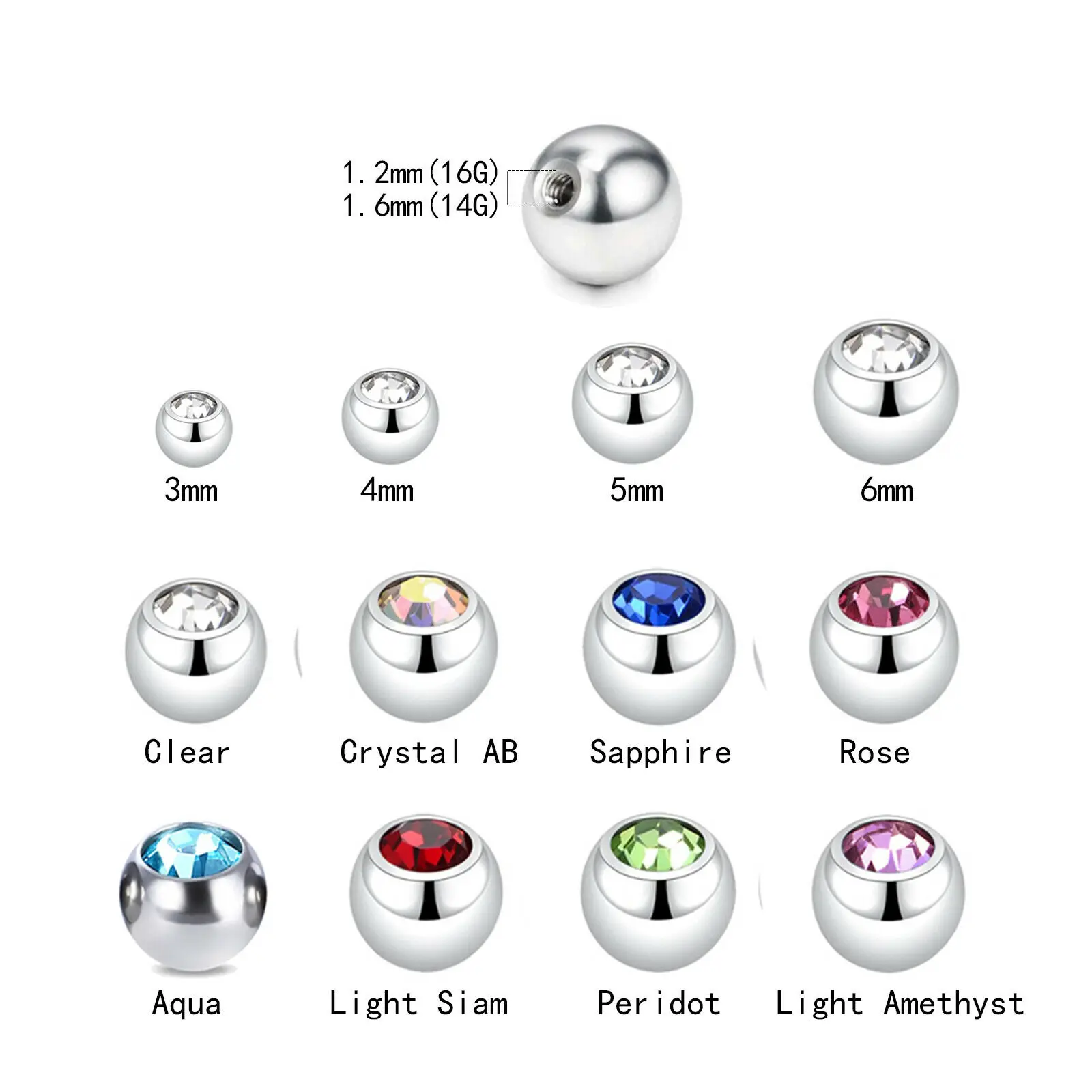 10pcs Multicolor Cubic Zirconia Spare BALLS Labret Belly Barbell Bar Piercing Replacement Attachments 14g 16g DIY Body Jewelry