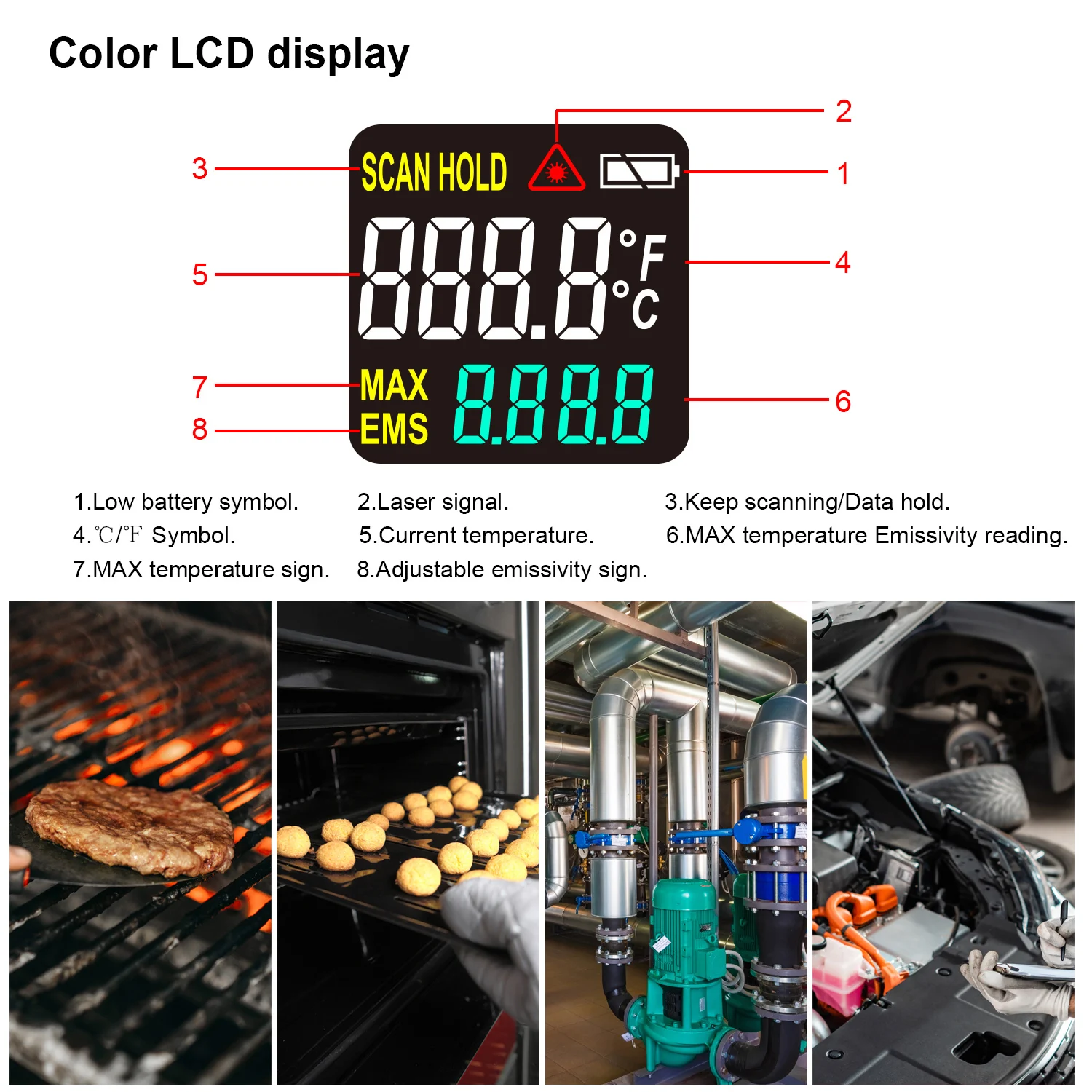 Digital Infrared Thermometer Industrial Non-contact Pyrometer Boiler Household Oven Barbecue Laser Temperature Gun Color Screen