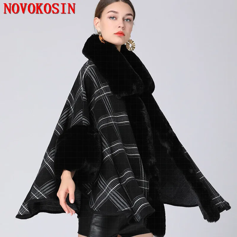 

4 Colors Women Big Pendulum Cardigan Overcoat Faux Rabbit Fur Neck Streetwear Loose Lining Velvet Plaid Cloak Warm Thick Coat