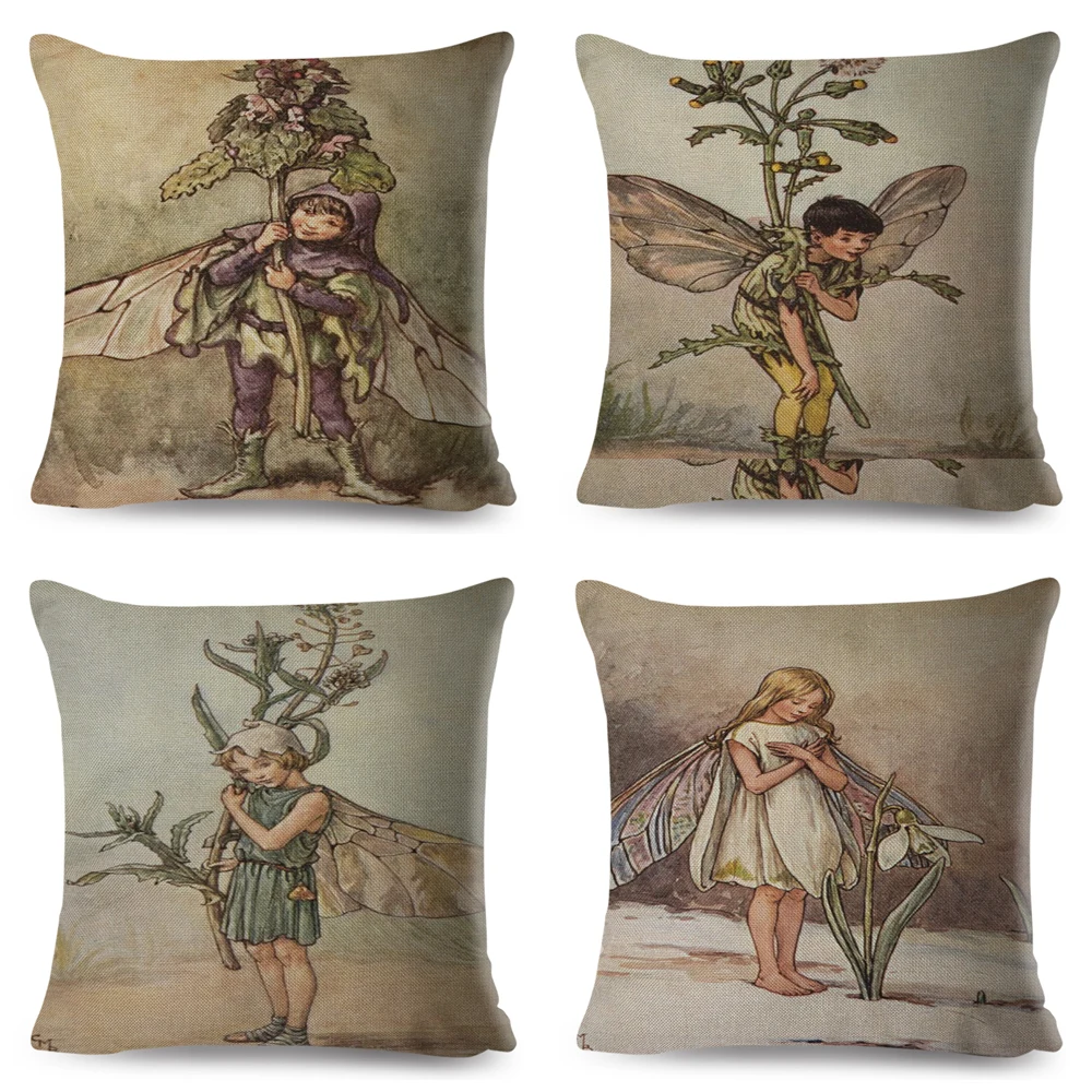 Vintage Cartoon Flower Girl Cushion Cover Decor Colorful Fairy Tale World Elves Pillowcase for Sofa Home Polyester Pillow Case