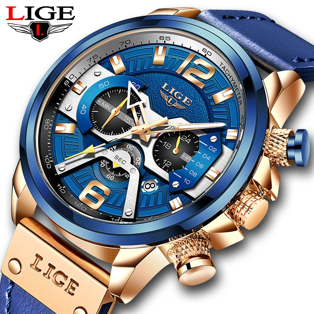 2023 LIGE Casual Sports Watch for Men Top Brand Luxury Military Leather Wrist Watches Mens Clocks Fashion Chronograph Wristwatch