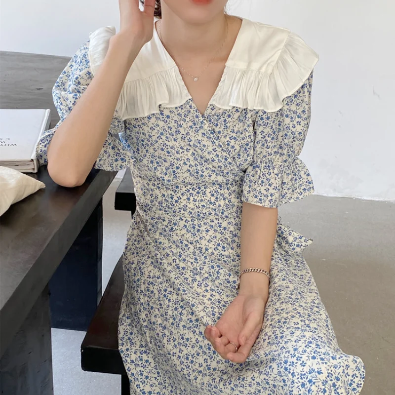 2021 New Women Summer Vintage Bandage Long Floral Dress Peter Pan Collar Wrap Sundress