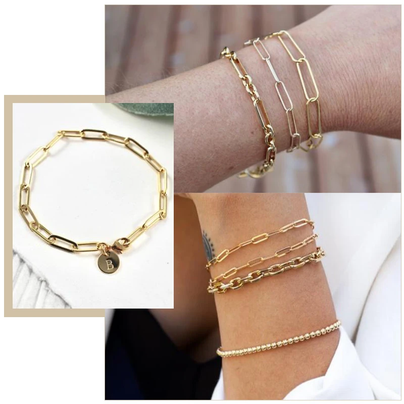 Dainty Paperclip Rectangle Chain Women Bracelets, Gold Color Oval Chain Personalized Tiny Disc Bracelet, Bridesmaid Custom Gift